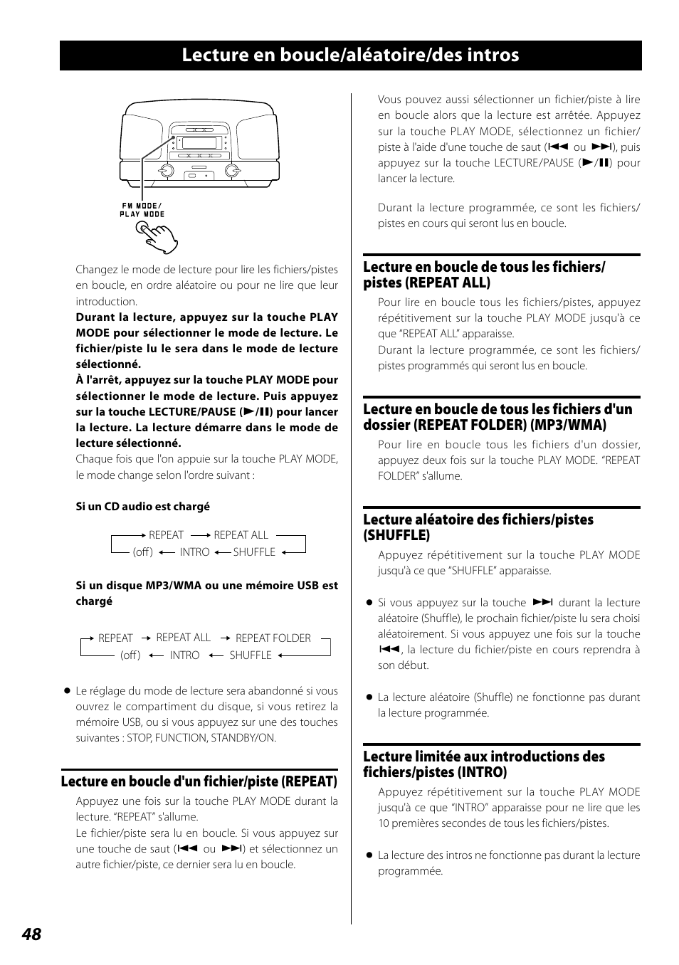 Lecture en boucle/aléatoire/des intros, Écoute de la radio, Lecture en boucle d'un fichier/piste (repeat) | Lecture aléatoire des fichiers/pistes (shuffle) | Teac SL-D920 User Manual | Page 48 / 88