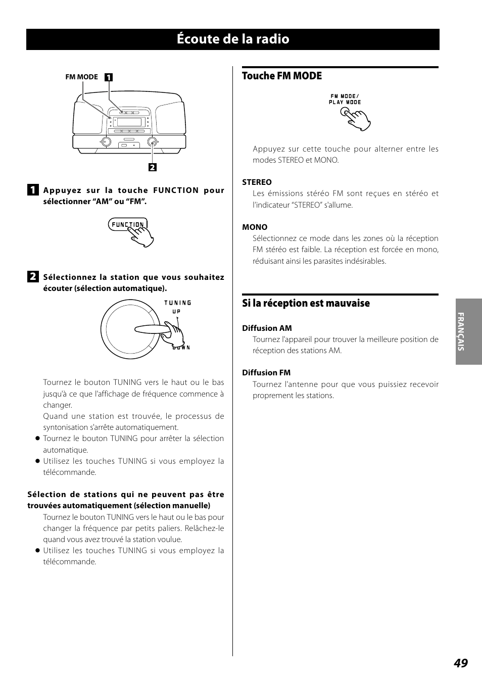 Syntonisation préréglée (preset), Écoute de la radio, Touche fm mode | Si la réception est mauvaise | Teac SL-D920 User Manual | Page 49 / 88