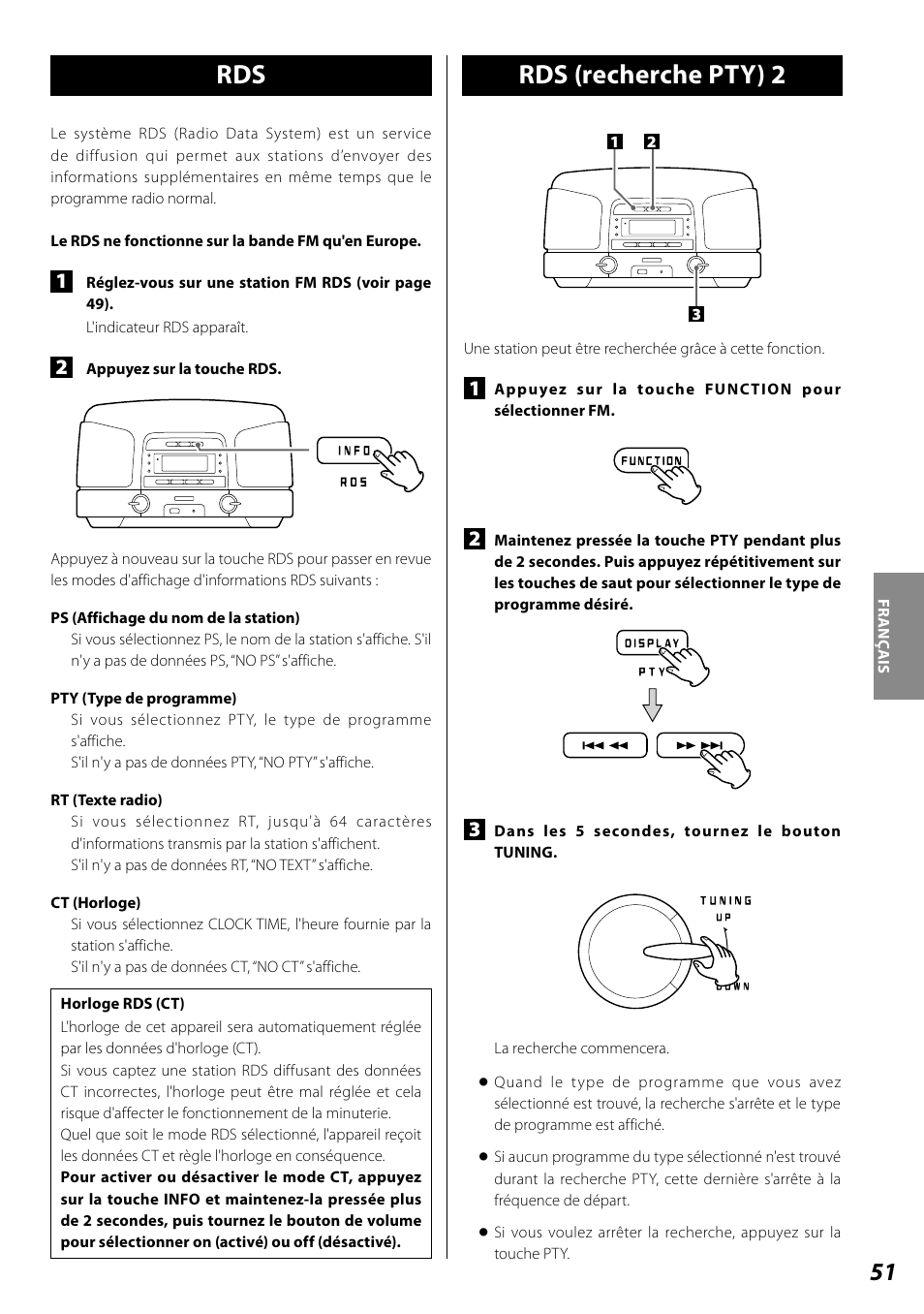 Écoute d'une source externe, Rds (recherche pty) 2 | Teac SL-D920 User Manual | Page 51 / 88