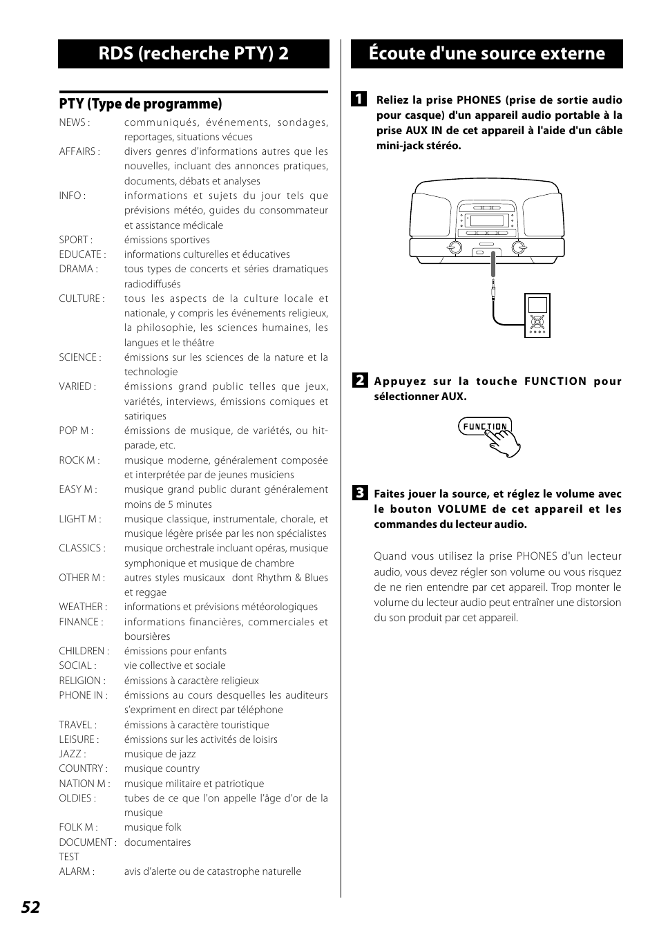 Rds (recherche pty) 2, Écoute d'une source externe, Pty (type de programme) | Teac SL-D920 User Manual | Page 52 / 88