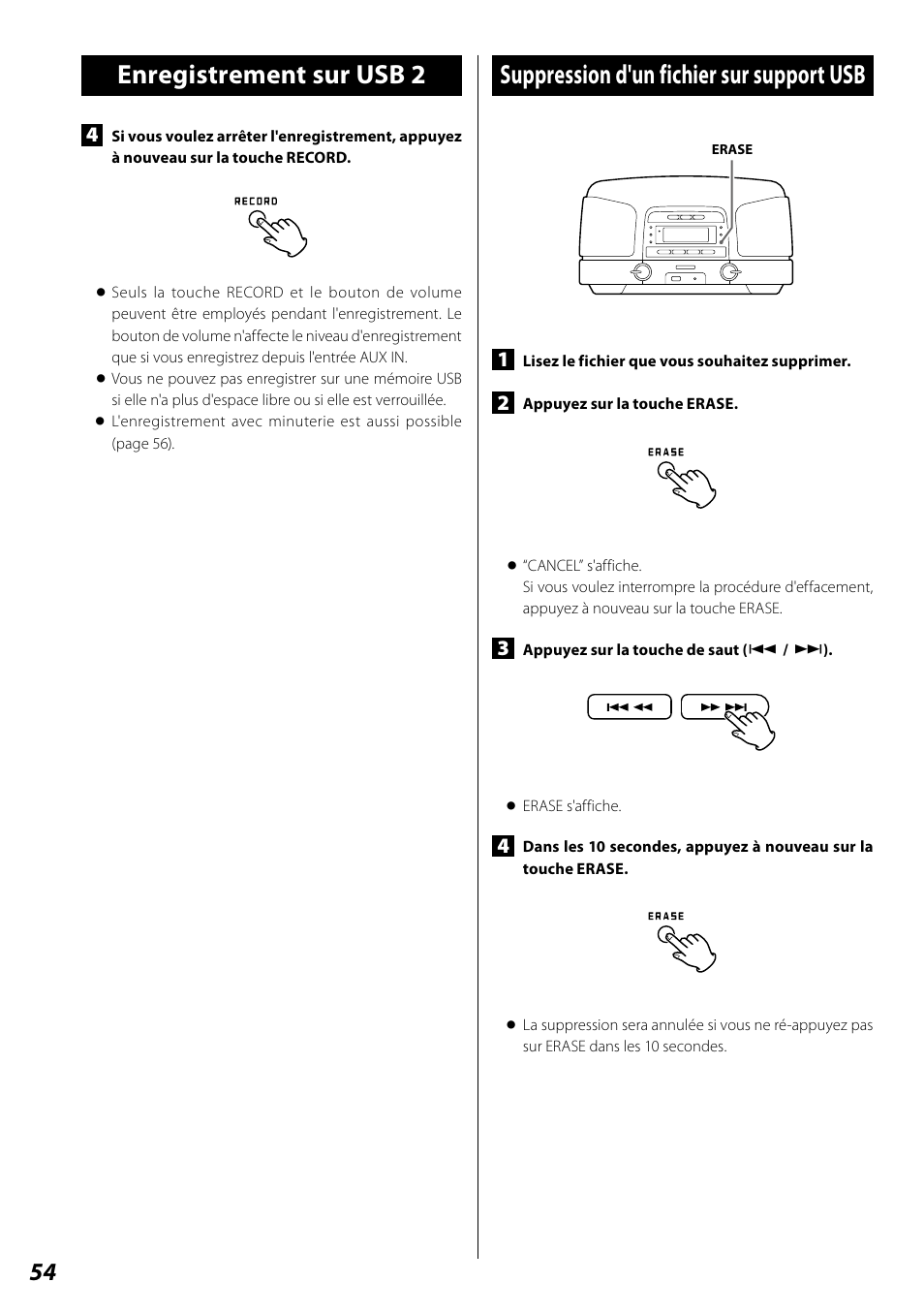 Suppression d'un fichier sur support usb, Réglage de l'horloge | Teac SL-D920 User Manual | Page 54 / 88