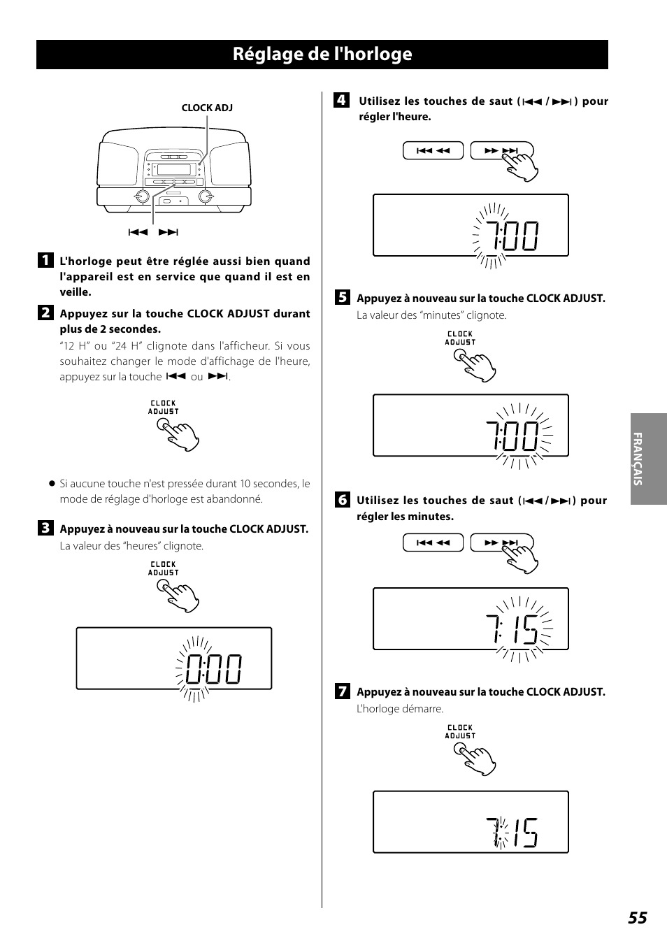 Réglage de la minuterie, Réglage de l'horloge | Teac SL-D920 User Manual | Page 55 / 88