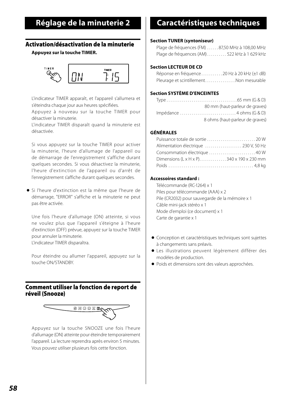 Guide de dépannage, Réglage de la minuterie 2, Caractéristiques techniques | Activation/désactivation de la minuterie | Teac SL-D920 User Manual | Page 58 / 88