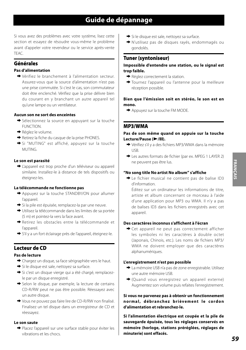 Guide de dépannage, Générales, Lecteur de cd | Tuner (syntoniseur), Mp3/wma | Teac SL-D920 User Manual | Page 59 / 88