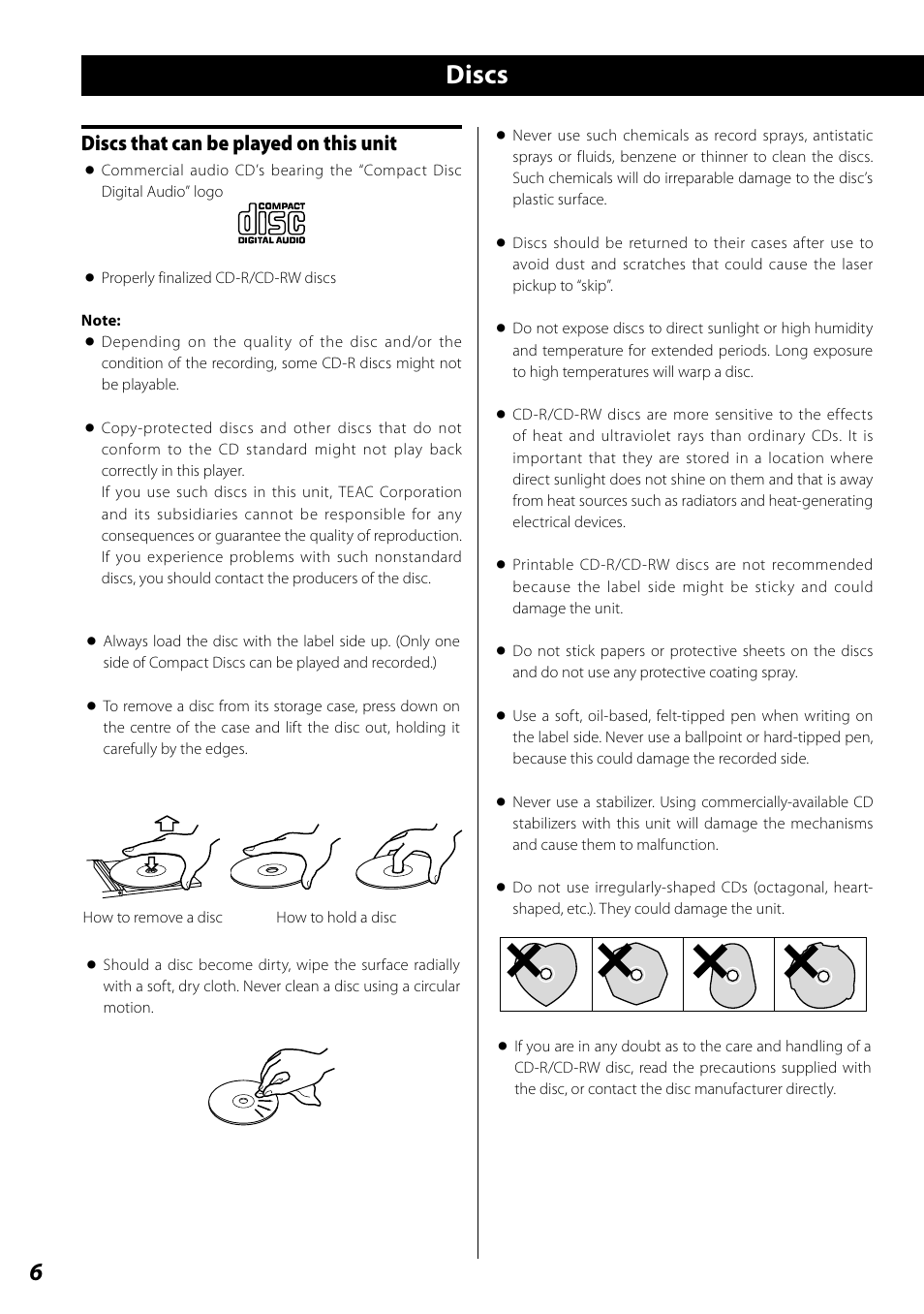 Discs, Discs that can be played on this unit | Teac SL-D920 User Manual | Page 6 / 88