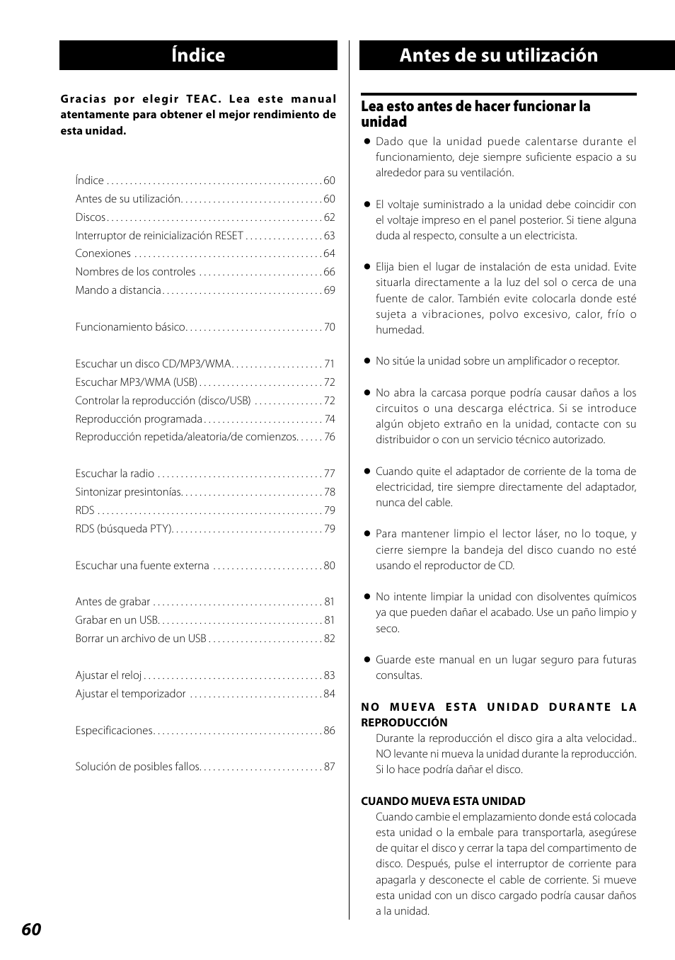 Manual del usuario, Índice, Antes de su utilización | Lea esto antes de hacer funcionar la unidad | Teac SL-D920 User Manual | Page 60 / 88