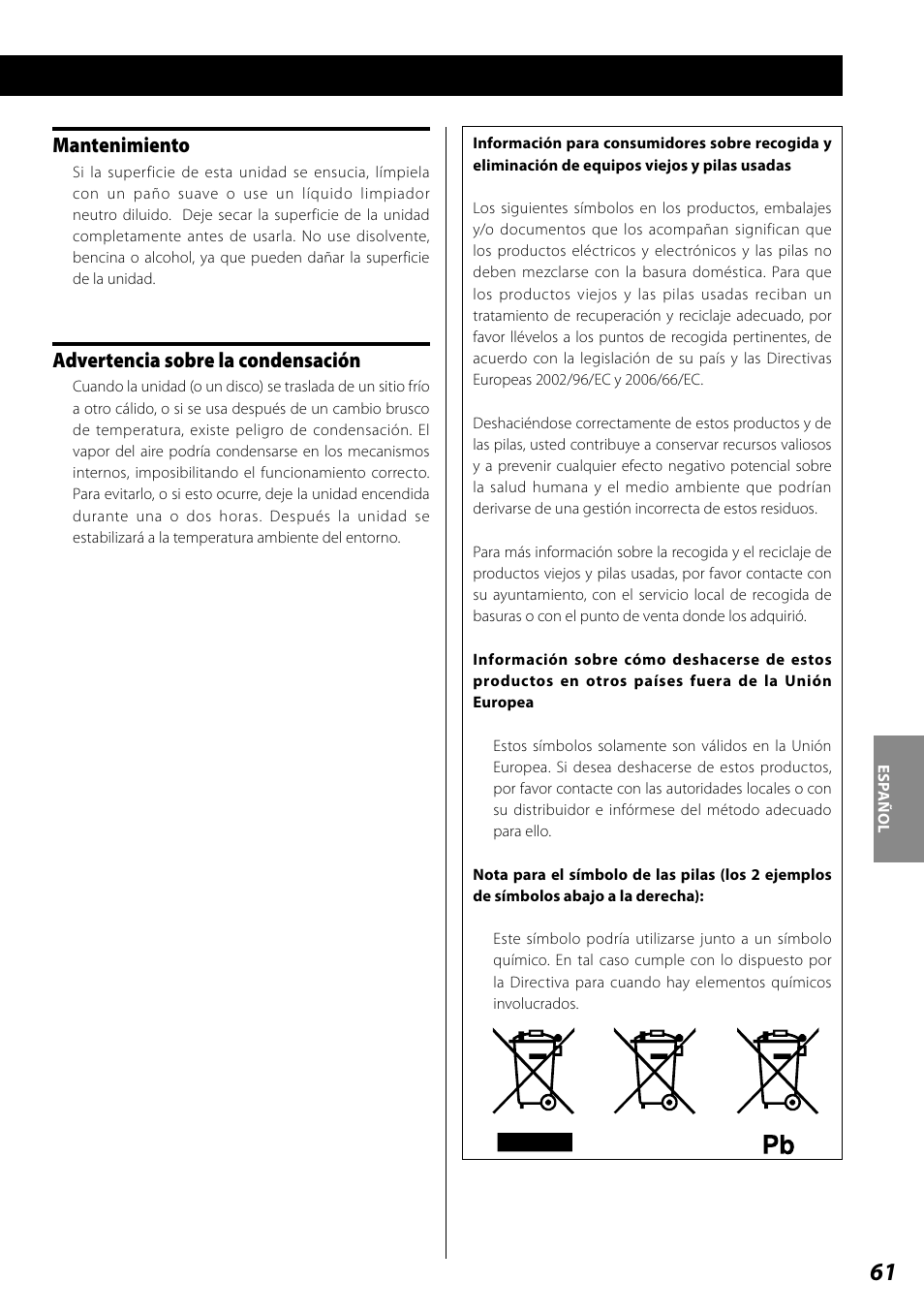 Mantenimiento, Advertencia sobre la condensación | Teac SL-D920 User Manual | Page 61 / 88