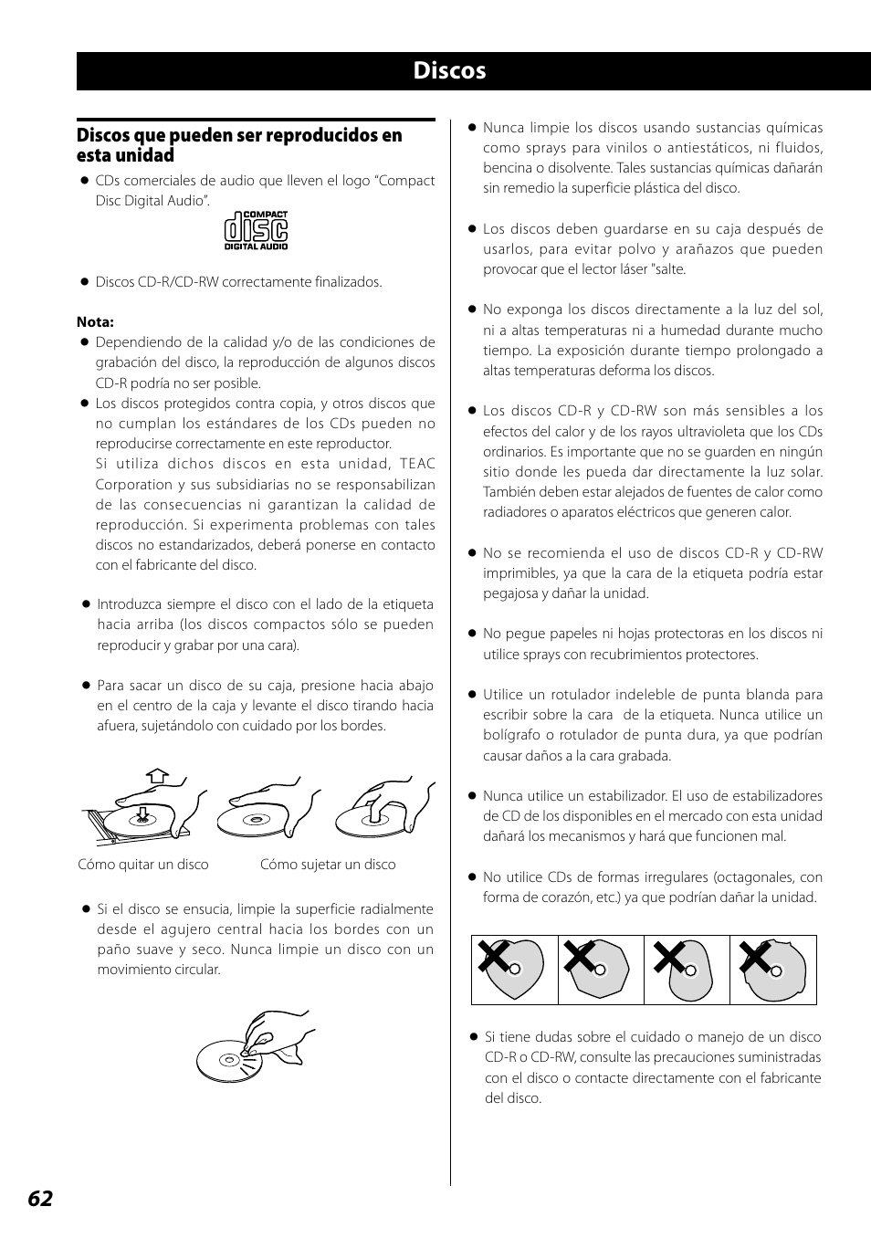 Discos, Discos que pueden ser reproducidos en esta unidad | Teac SL-D920 User Manual | Page 62 / 88