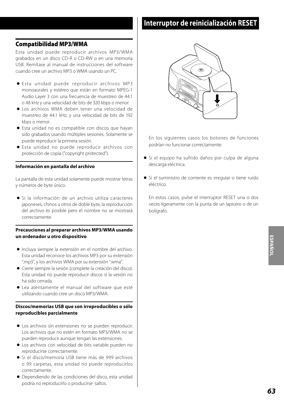 Interruptor de reinicialización reset, Compatibilidad mp3/wma | Teac SL-D920 User Manual | Page 63 / 88