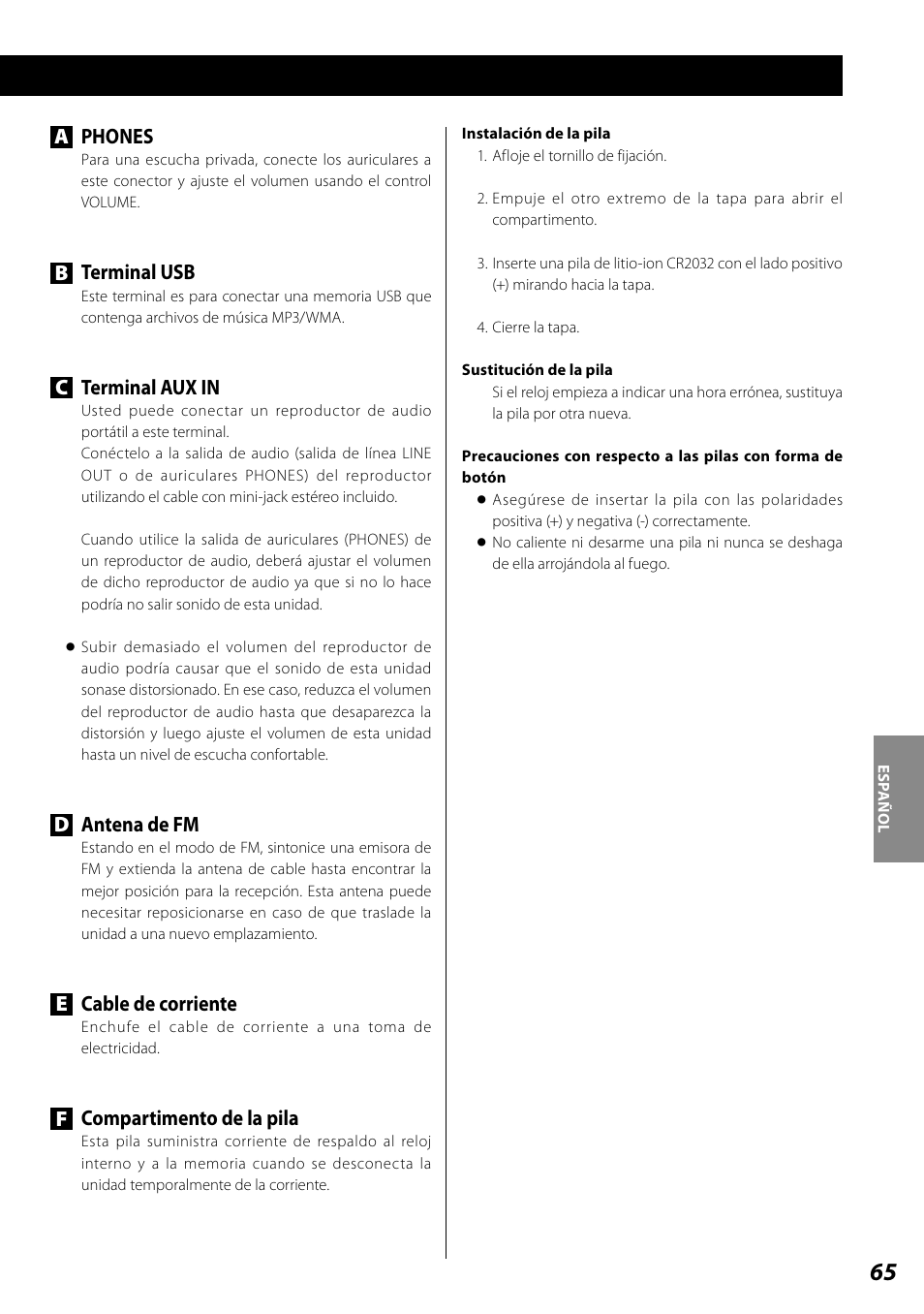 Phones, Bterminal usb, Cterminal aux in | Dantena de fm, Ecable de corriente, Fcompartimento de la pila | Teac SL-D920 User Manual | Page 65 / 88