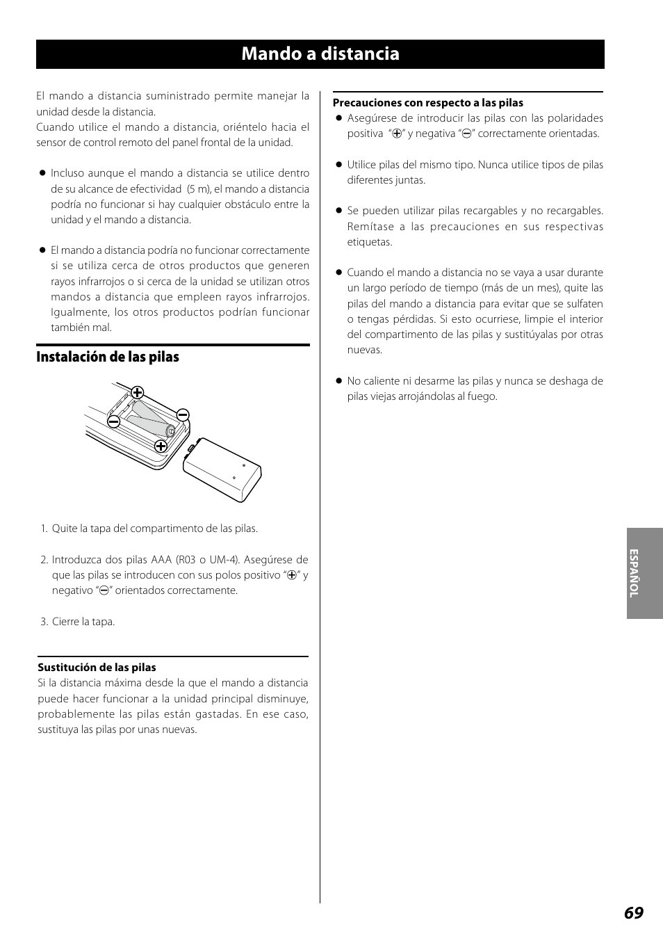 Mando a distancia, Instalación de las pilas | Teac SL-D920 User Manual | Page 69 / 88