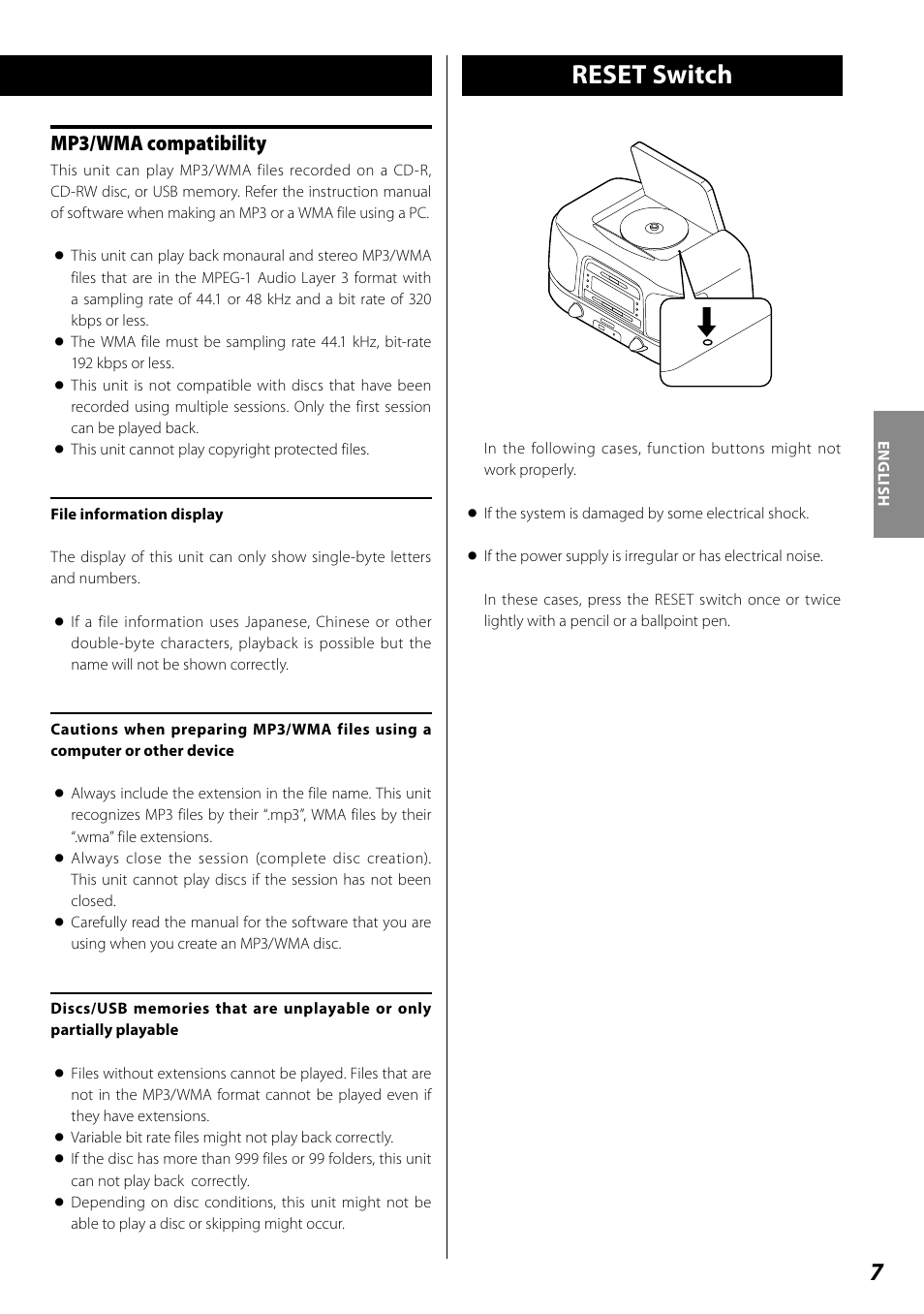 Reset switch, Mp3/wma compatibility | Teac SL-D920 User Manual | Page 7 / 88