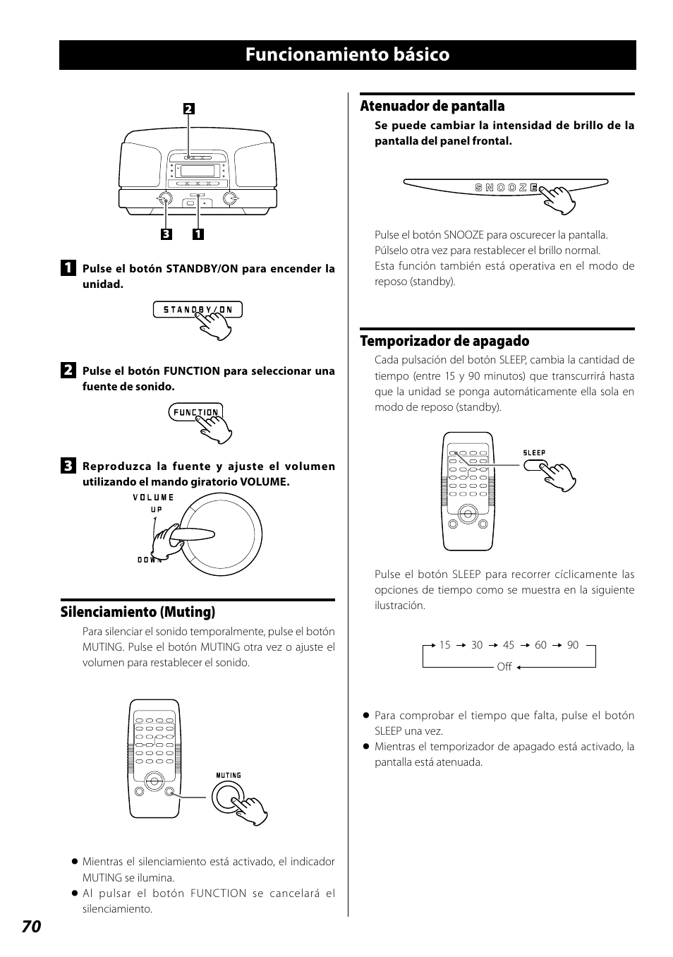 Funcionamiento básico, Escuchar un disco cd/mp3/wma, Atenuador de pantalla | Temporizador de apagado, Silenciamiento (muting) | Teac SL-D920 User Manual | Page 70 / 88