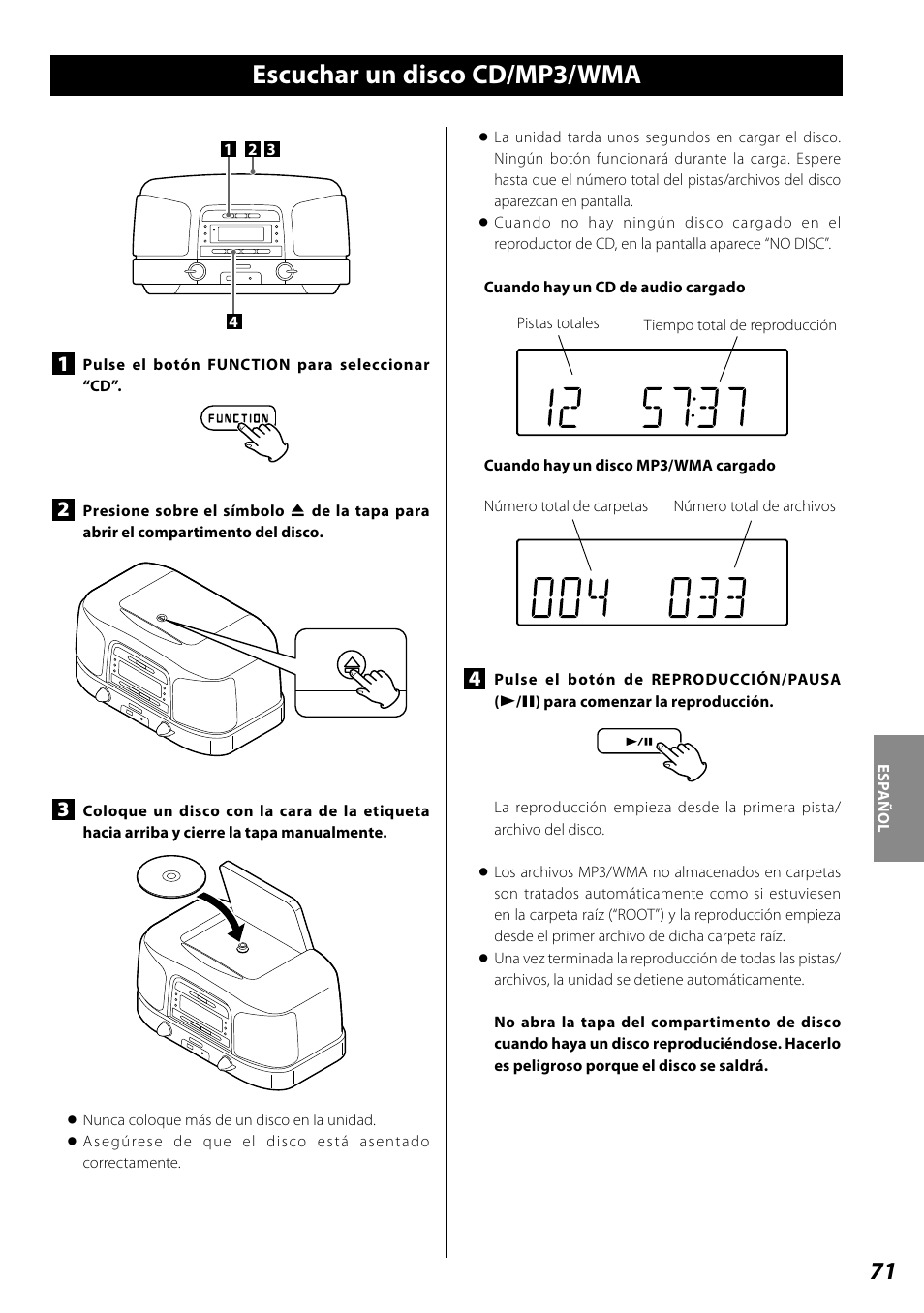 Escuchar un disco cd/mp3/wma | Teac SL-D920 User Manual | Page 71 / 88