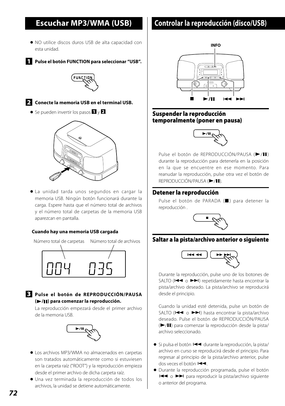 Escuchar mp3/wma (usb), Controlar la reproducción (disco/usb), Detener la reproducción | Teac SL-D920 User Manual | Page 72 / 88