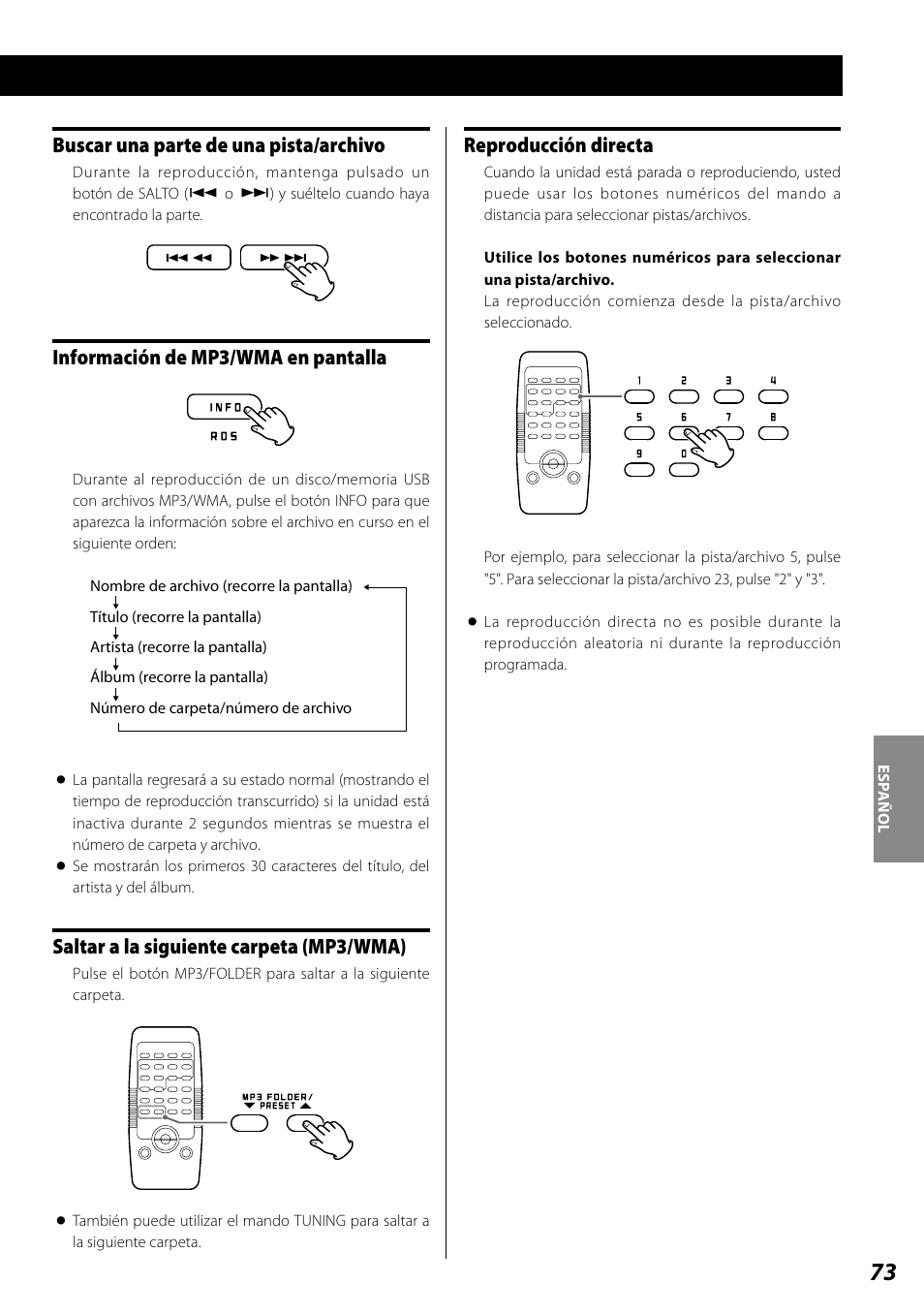 Buscar una parte de una pista/archivo, Información de mp3/wma en pantalla, Saltar a la siguiente carpeta (mp3/wma) | Reproducción directa | Teac SL-D920 User Manual | Page 73 / 88