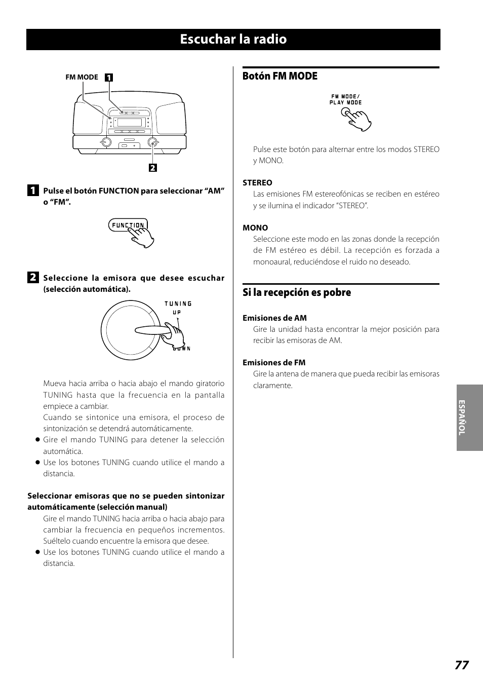 Escuchar la radio, Sintonización de presintonías, Botón fm mode | Si la recepción es pobre | Teac SL-D920 User Manual | Page 77 / 88