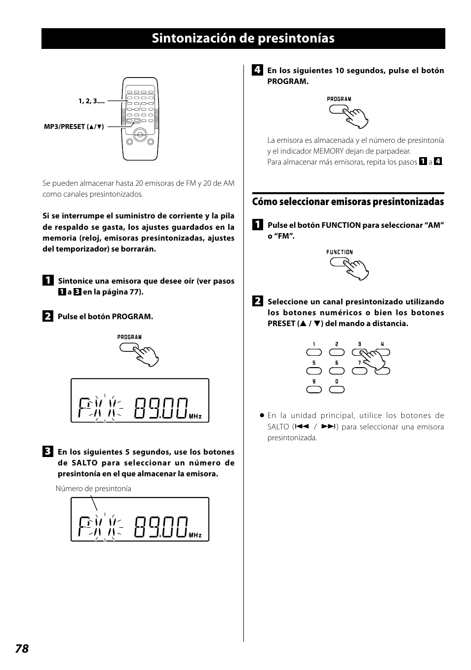 Sintonización de presintonías, Cómo seleccionar emisoras presintonizadas 1 | Teac SL-D920 User Manual | Page 78 / 88