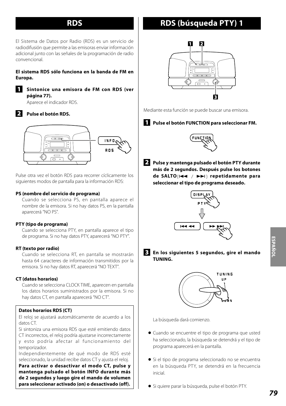 Rds (búsqueda pty), Rds (búsqueda pty) 1 | Teac SL-D920 User Manual | Page 79 / 88