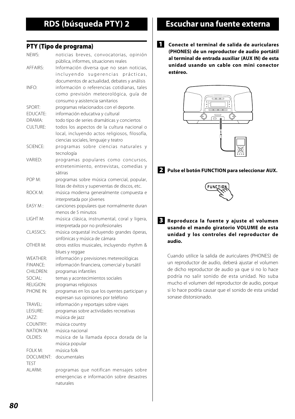 Escuchar una fuente externa, Rds (búsqueda pty) 2, Pty (tipo de programa) | Teac SL-D920 User Manual | Page 80 / 88