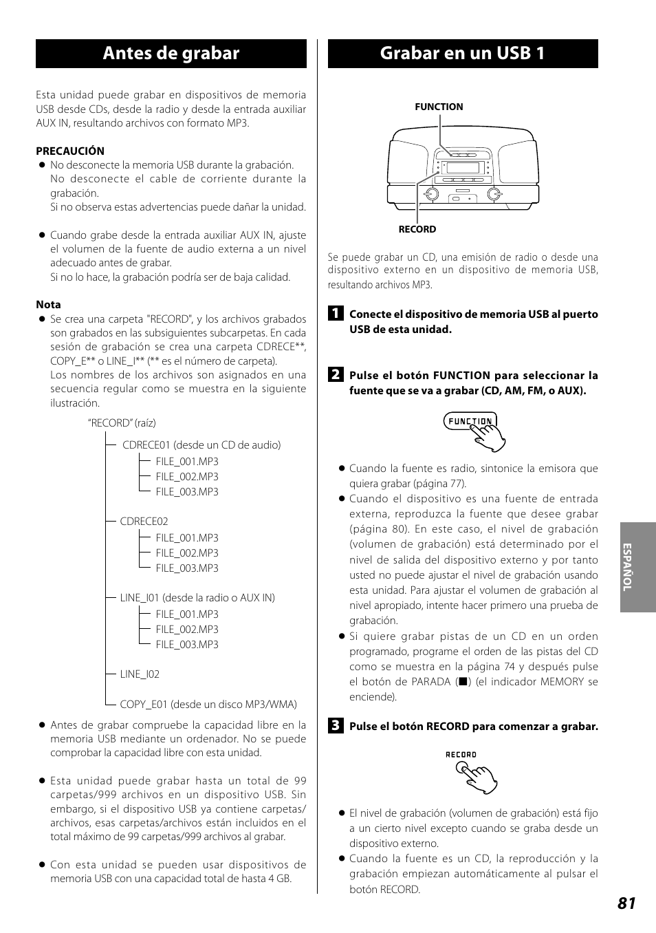 Antes de grabar, Grabar en un usb, Grabar en un usb 1 | Teac SL-D920 User Manual | Page 81 / 88