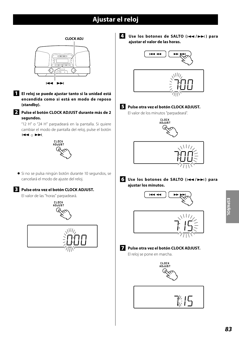 Ajustar el reloj, Ajustar el temporizador | Teac SL-D920 User Manual | Page 83 / 88