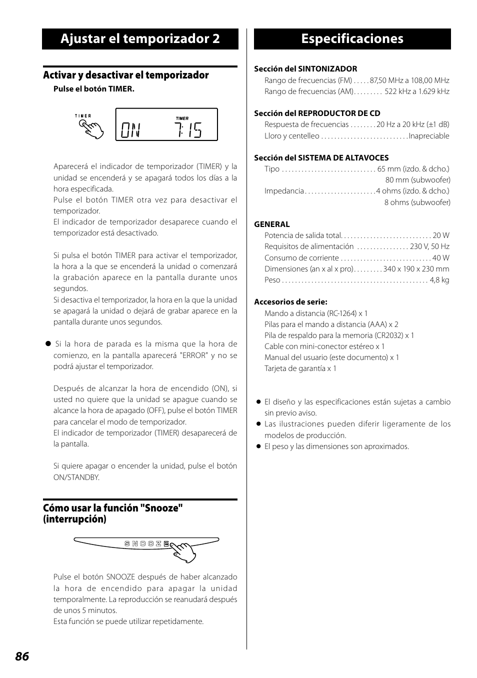 Especificaciones, Solución de posibles fallos, Ajustar el temporizador 2 | Activar y desactivar el temporizador, Cómo usar la función "snooze" (interrupción) | Teac SL-D920 User Manual | Page 86 / 88