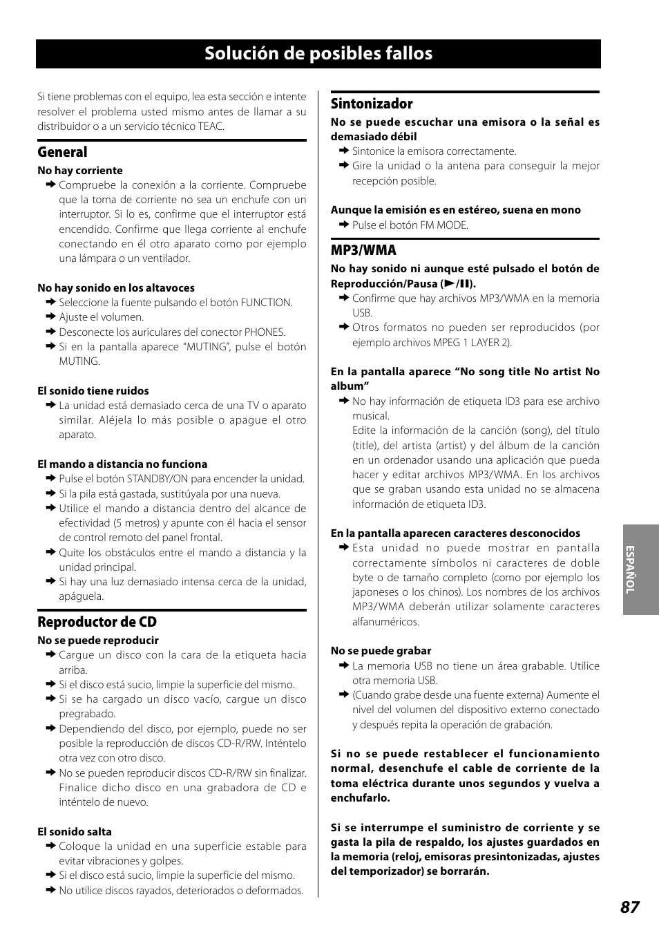 Solución de posibles fallos, General, Reproductor de cd | Sintonizador, Mp3/wma | Teac SL-D920 User Manual | Page 87 / 88