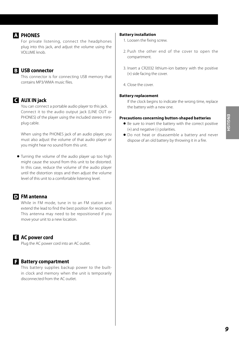 Phones, Busb connector, Caux in jack | Dfm antenna, Eac power cord, Fbattery compartment | Teac SL-D920 User Manual | Page 9 / 88