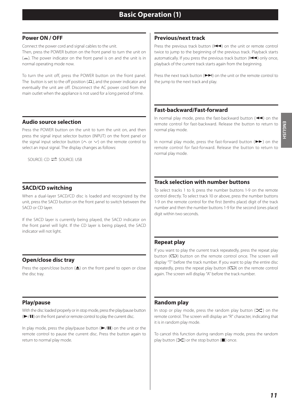 Basic operation, Basic operation (1) | Teac CD-2000 User Manual | Page 11 / 64