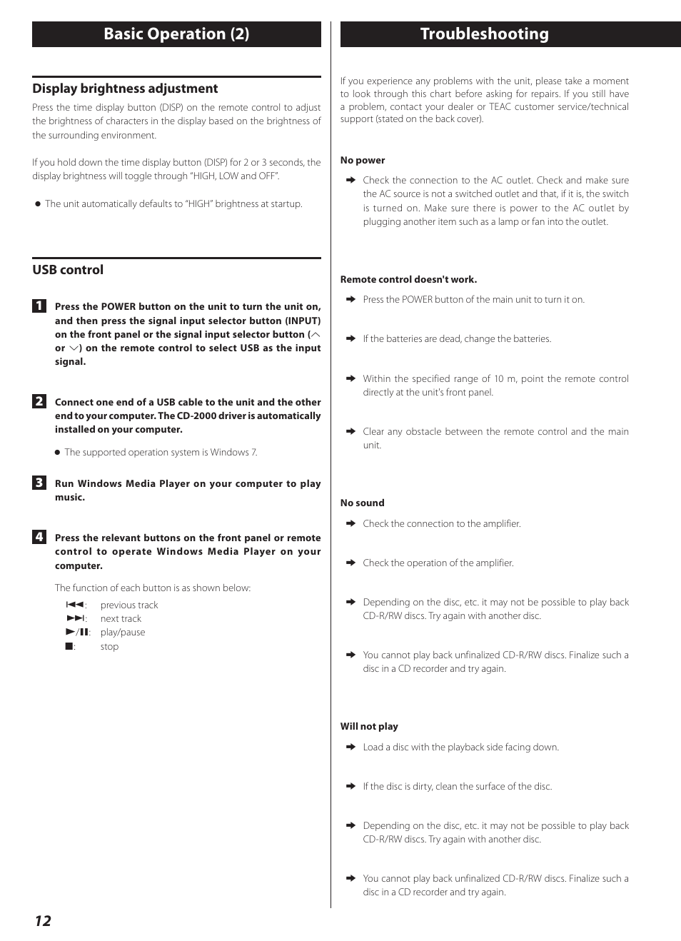 Troubleshooting, Basic operation (2), Display brightness adjustment | Usb control 1 | Teac CD-2000 User Manual | Page 12 / 64