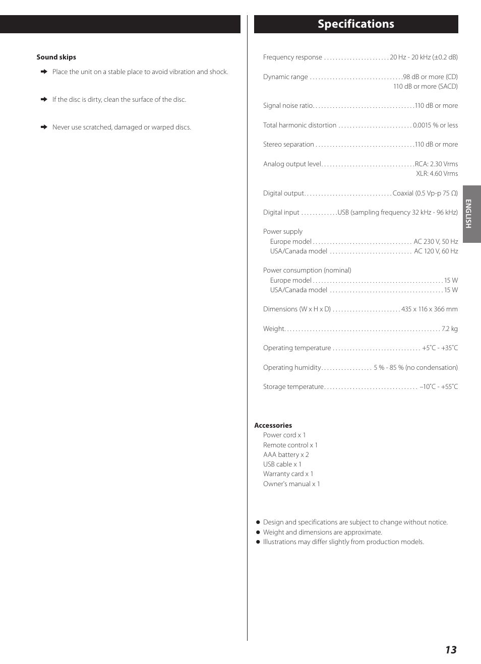 Specifications | Teac CD-2000 User Manual | Page 13 / 64