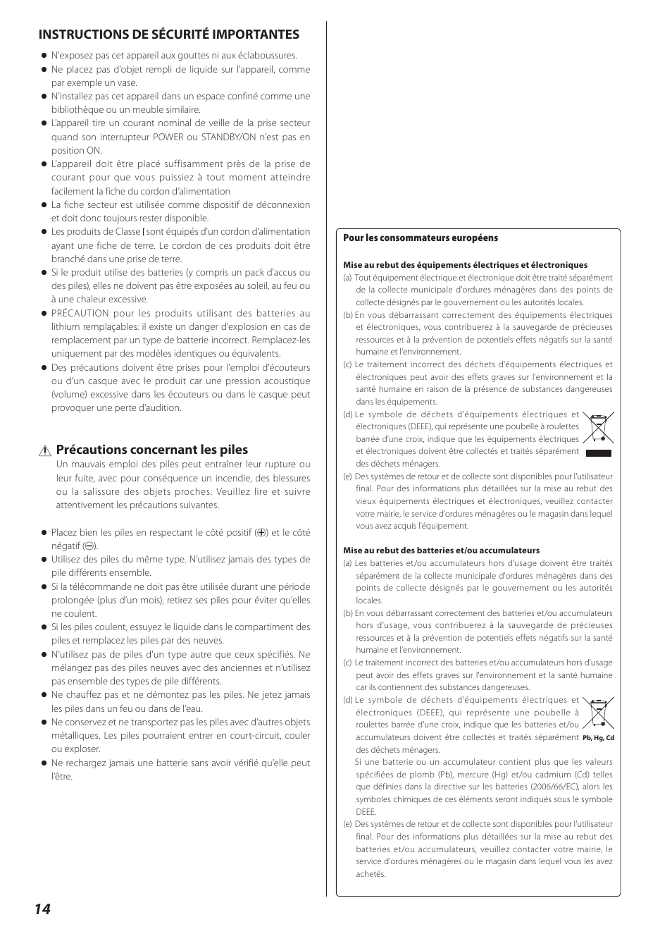 Instructions de sécurité importantes, Précautions concernant les piles | Teac CD-2000 User Manual | Page 14 / 64