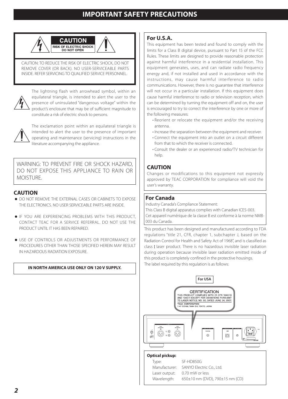 Important safety precautions, Caution, For canada | For u.s.a | Teac CD-2000 User Manual | Page 2 / 64