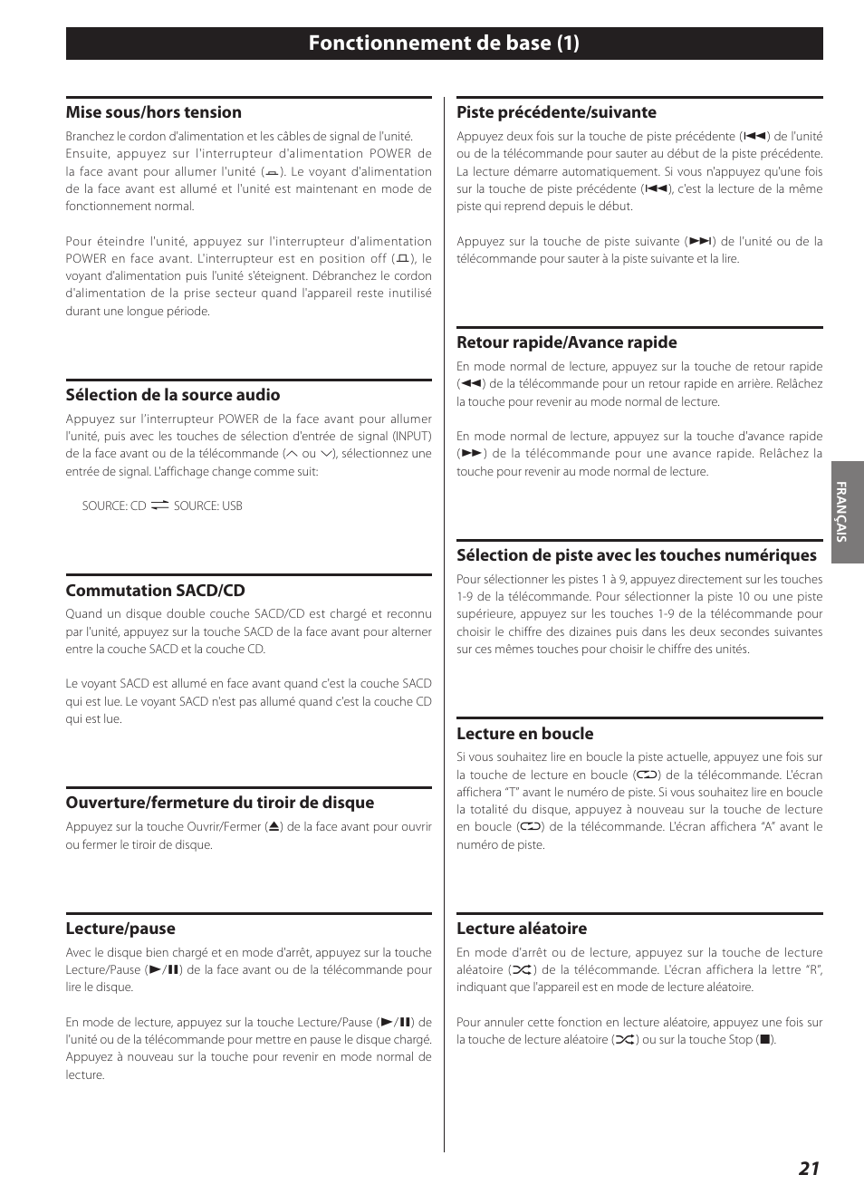 Fonctionnement de base, Fonctionnement de base (1) | Teac CD-2000 User Manual | Page 21 / 64