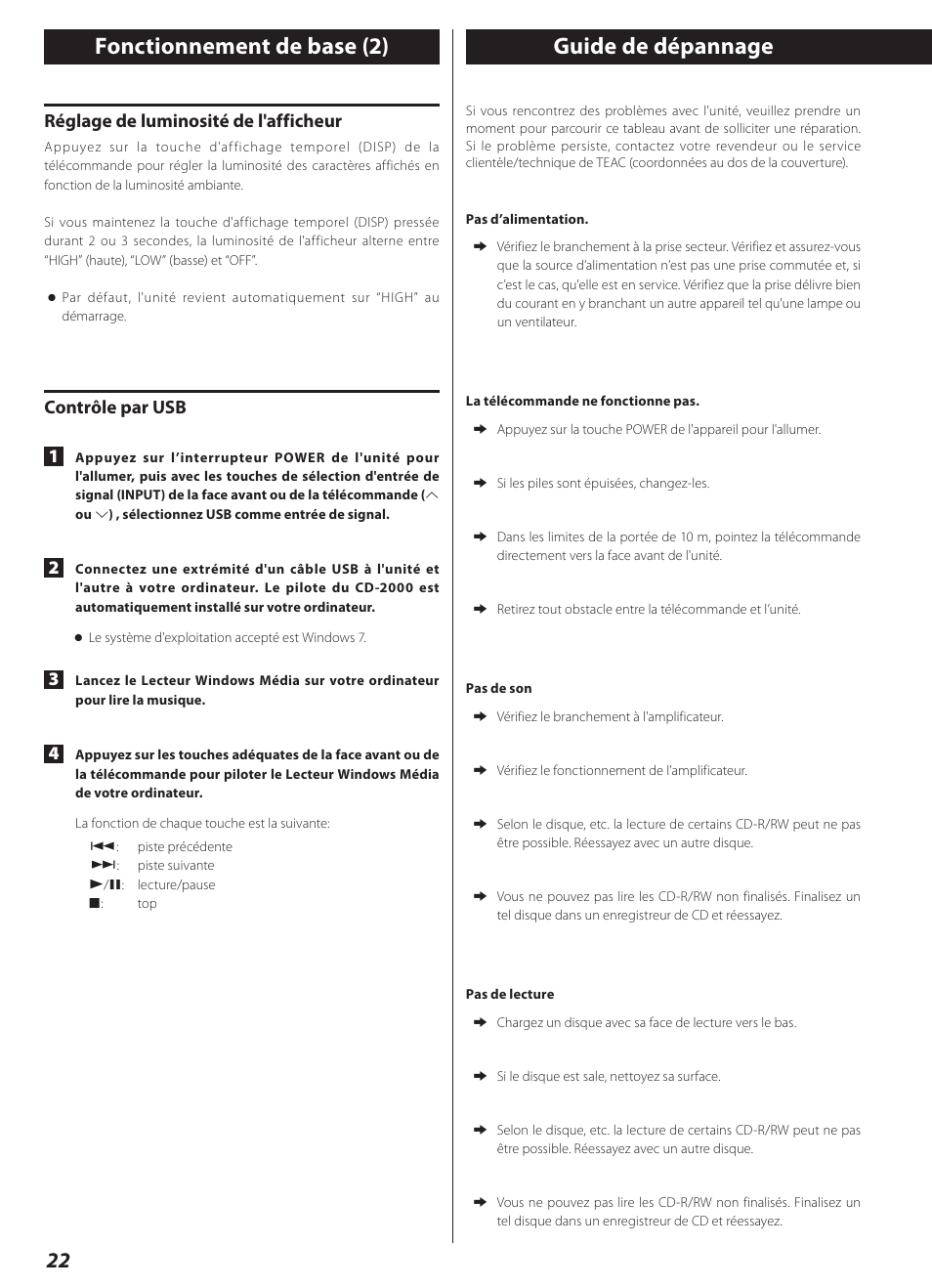 Guide de dépannage, Fonctionnement de base (2), Réglage de luminosité de l'afficheur | Contrôle par usb 1 | Teac CD-2000 User Manual | Page 22 / 64