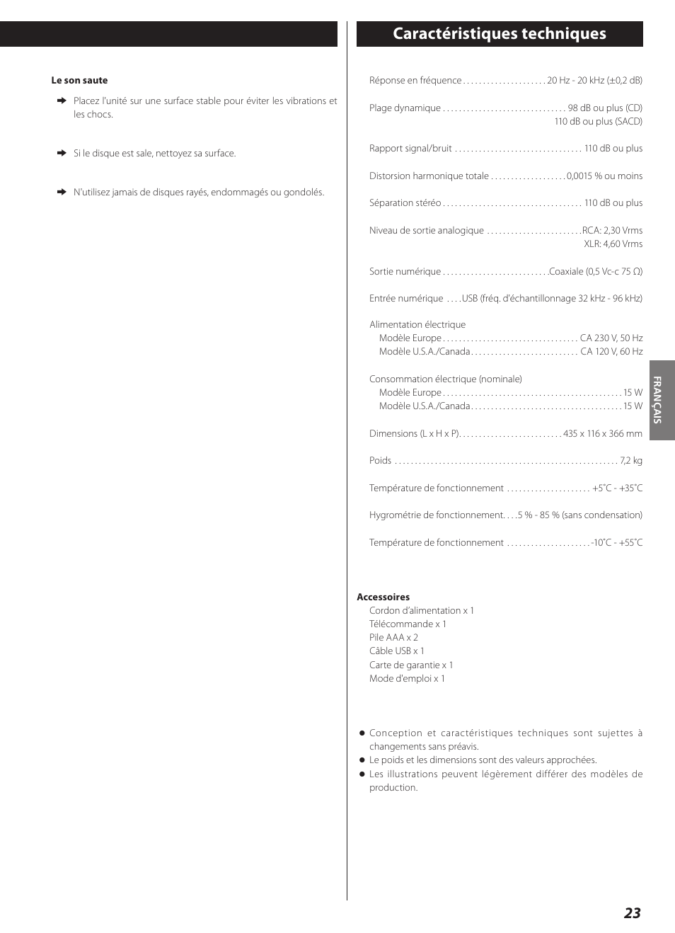 Caractéristiques techniques | Teac CD-2000 User Manual | Page 23 / 64