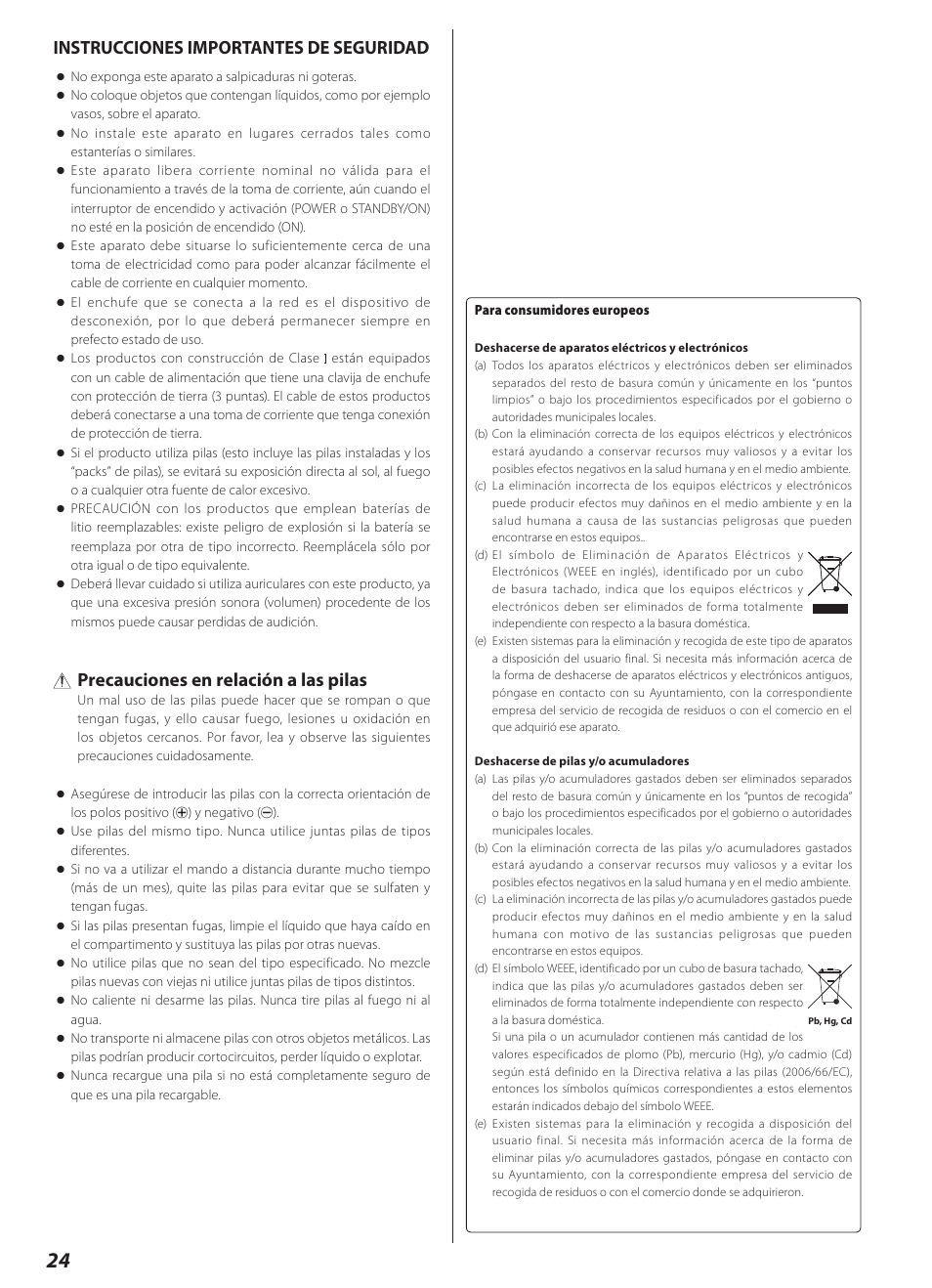 Instrucciones importantes de seguridad, Precauciones en relación a las pilas | Teac CD-2000 User Manual | Page 24 / 64