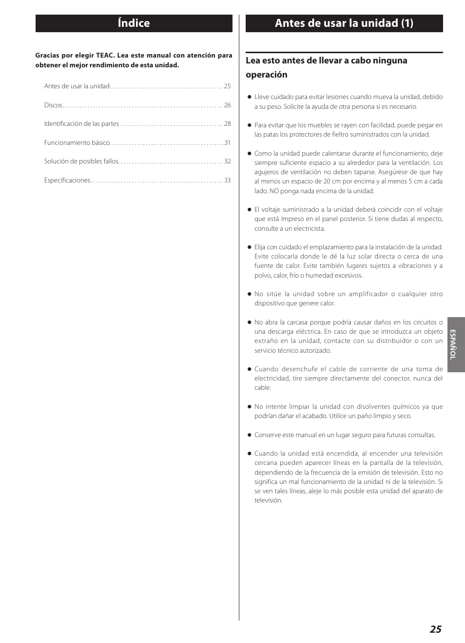 Español, Antes de usar la unidad, Índice | Antes de usar la unidad (1), Lea esto antes de llevar a cabo ninguna operación | Teac CD-2000 User Manual | Page 25 / 64