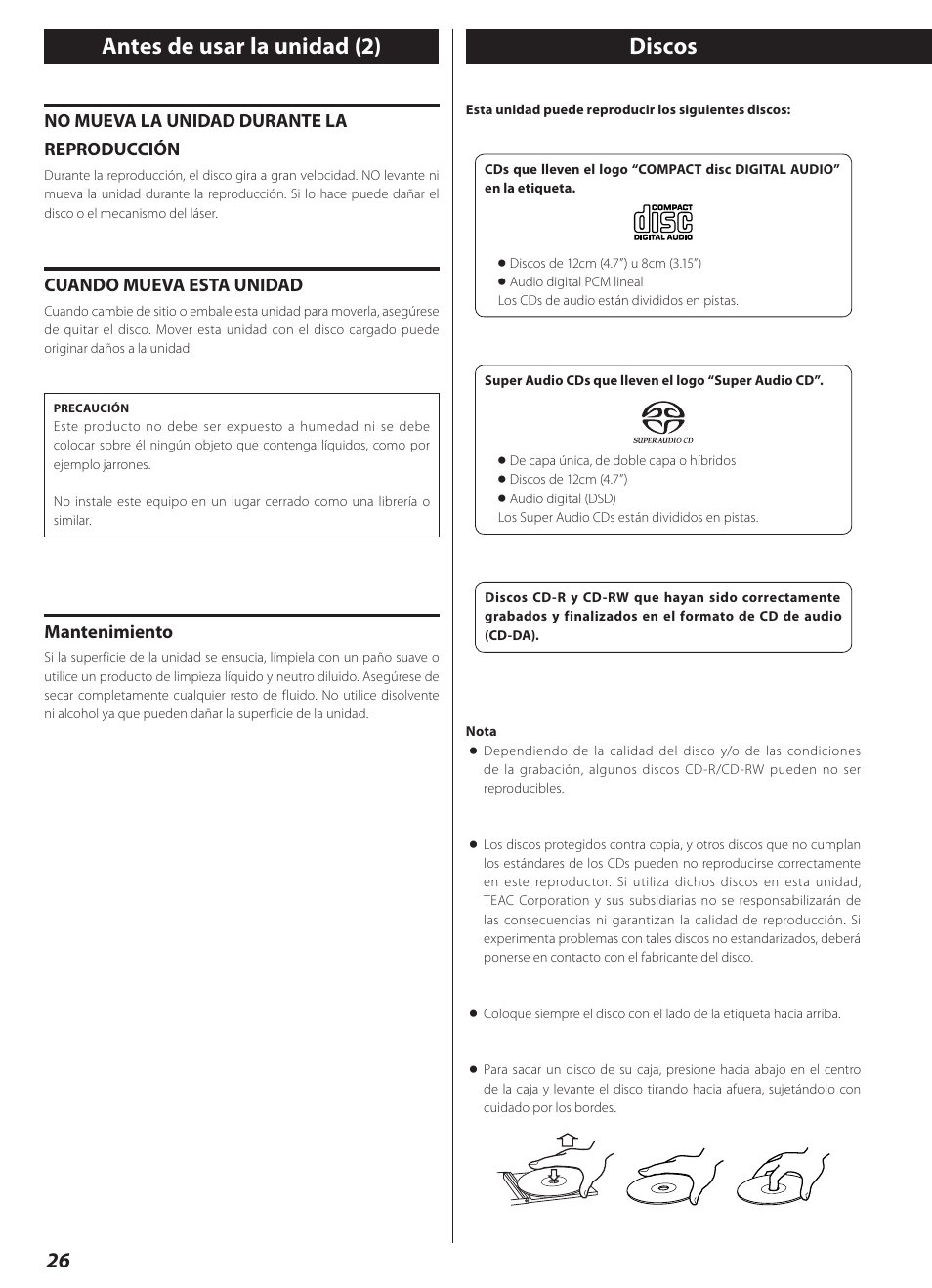 Discos, Antes de usar la unidad (2) | Teac CD-2000 User Manual | Page 26 / 64