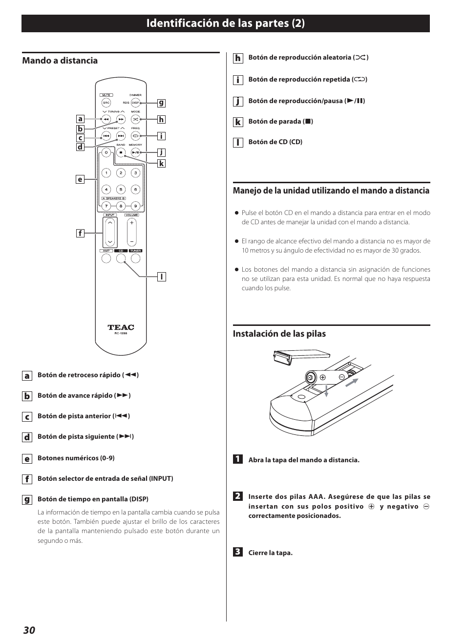 Identificación de las partes (2) | Teac CD-2000 User Manual | Page 30 / 64