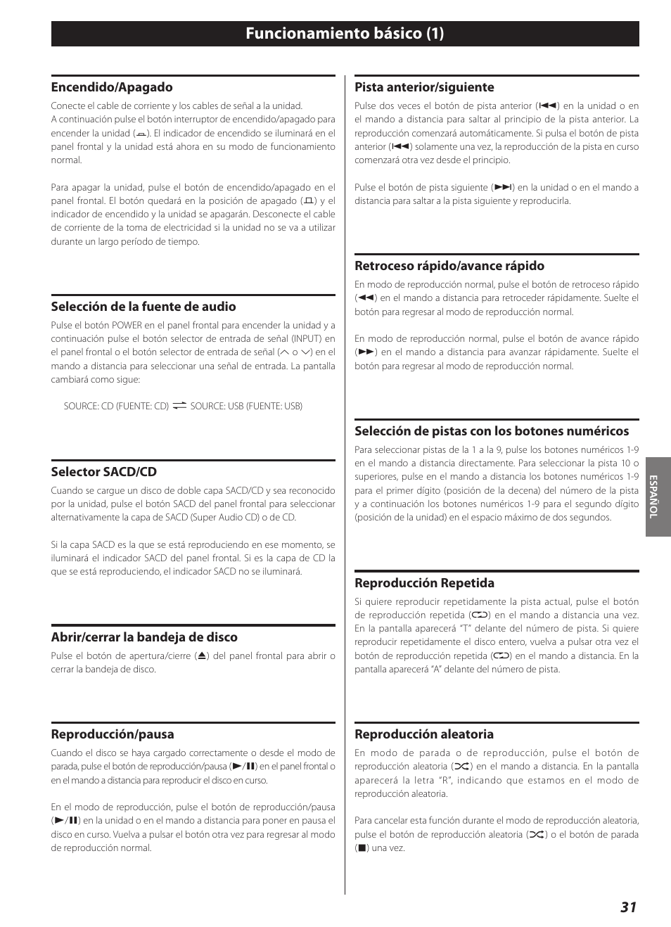 Funcionamiento básico, Funcionamiento básico (1) | Teac CD-2000 User Manual | Page 31 / 64