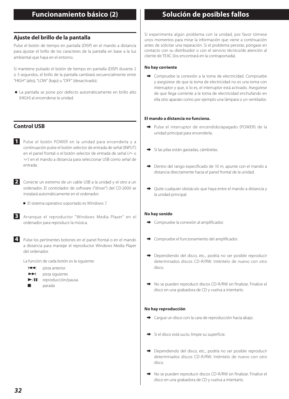 Solución de posibles fallos, Funcionamiento básico (2), Ajuste del brillo de la pantalla | Control usb 1 | Teac CD-2000 User Manual | Page 32 / 64