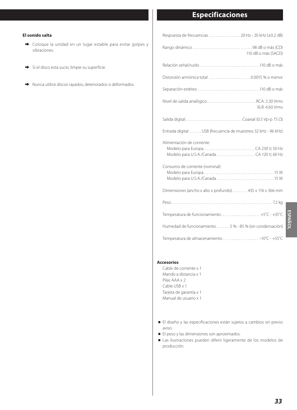 Especificaciones | Teac CD-2000 User Manual | Page 33 / 64