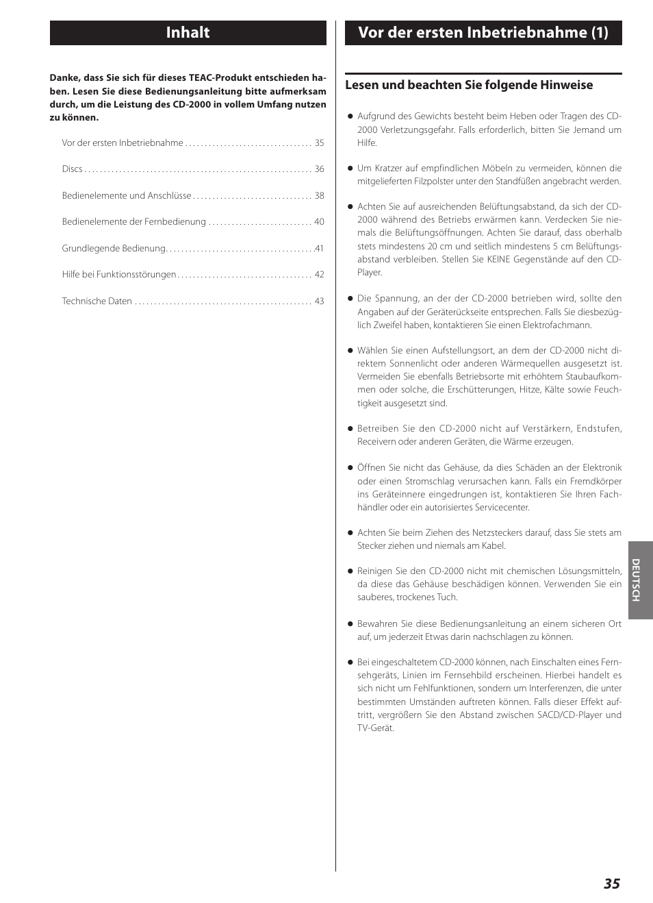 Deutsch, Vor der ersten inbetriebnahme, Inhalt | Vor der ersten inbetriebnahme (1), Lesen und beachten sie folgende hinweise | Teac CD-2000 User Manual | Page 35 / 64