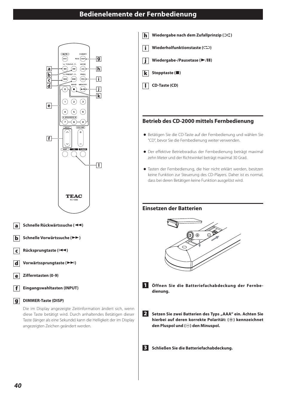 Die fernbedienung, Dienelemente der fernbedienung, Bedienelemente der fernbedienung | Teac CD-2000 User Manual | Page 40 / 64