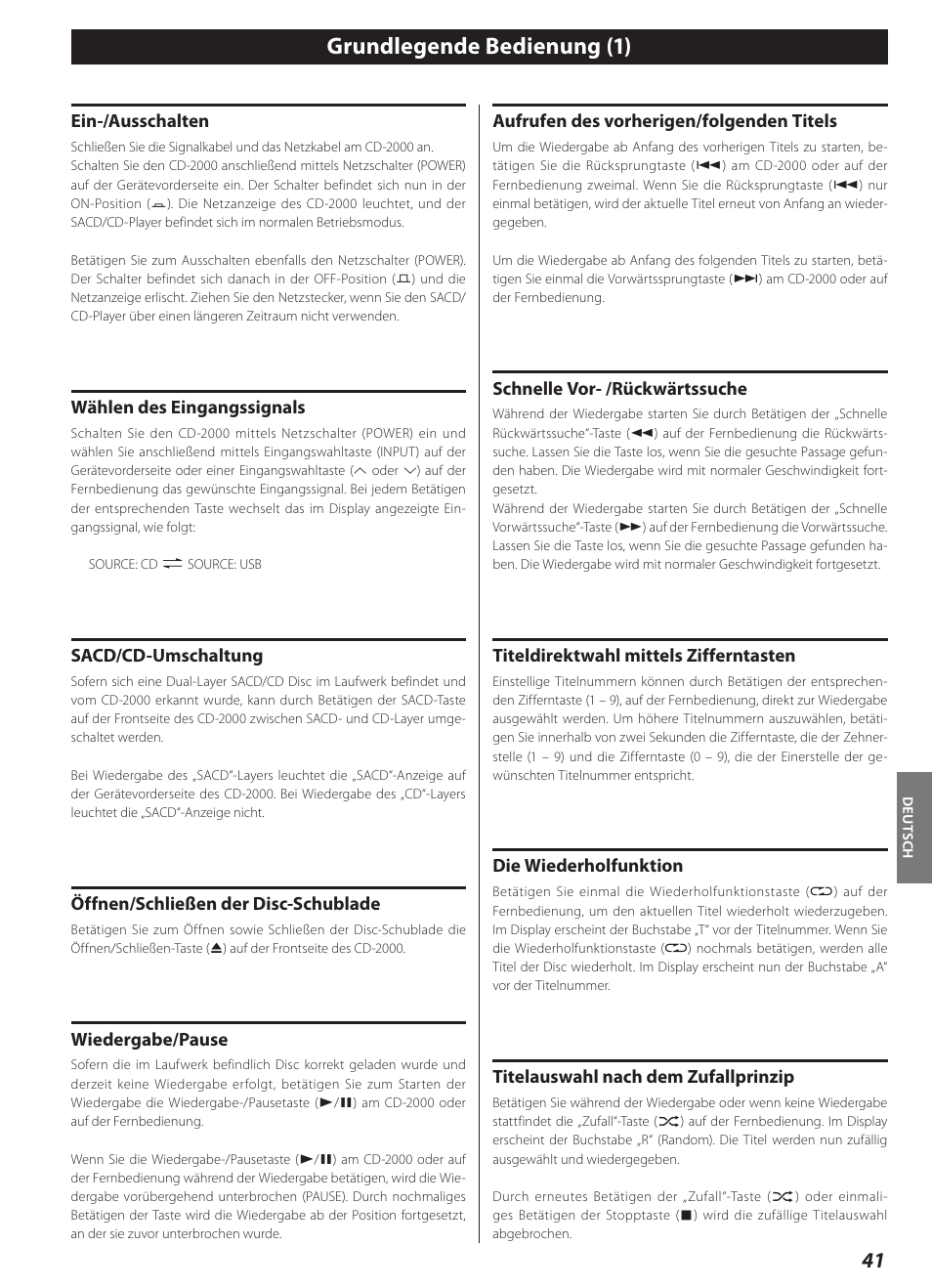 Grundlegende bedienung, Grundlegende bedienung (1) | Teac CD-2000 User Manual | Page 41 / 64