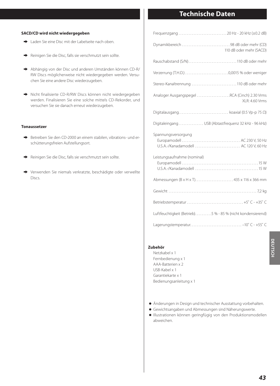 Technische daten | Teac CD-2000 User Manual | Page 43 / 64