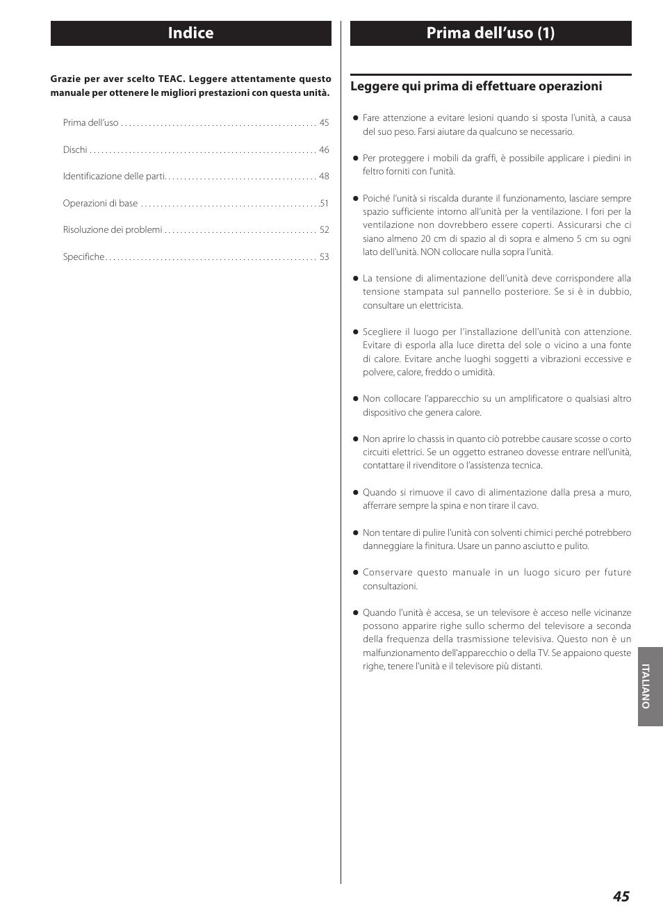 Italiano, Prima dell’uso, Indice | Prima dell’uso (1), Leggere qui prima di effettuare operazioni | Teac CD-2000 User Manual | Page 45 / 64