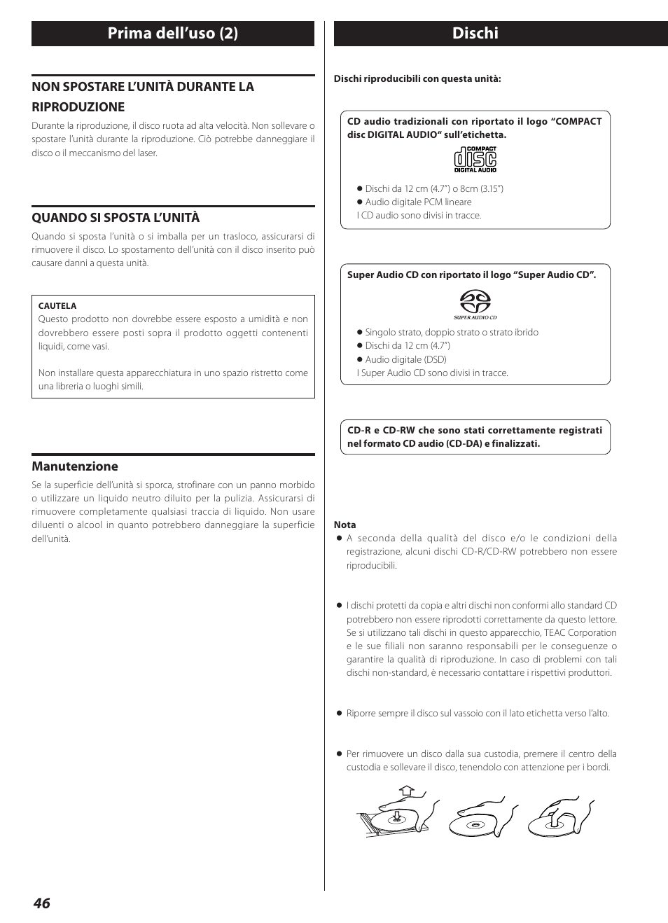 Dischi, Prima dell’uso (2) | Teac CD-2000 User Manual | Page 46 / 64